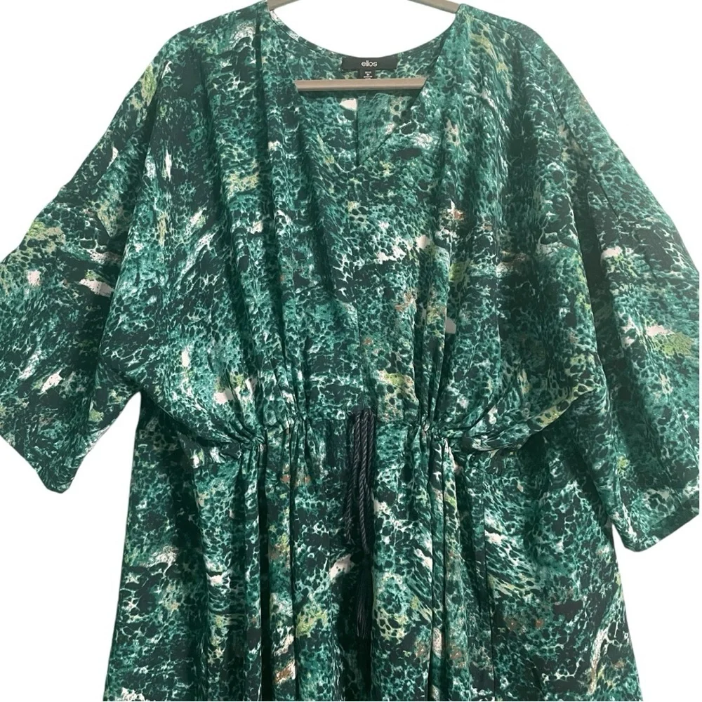 ON SALE⭐️ Ellos tunic top green pattern V neck dropped sleeves drawstring waist - Picture 2 of 16